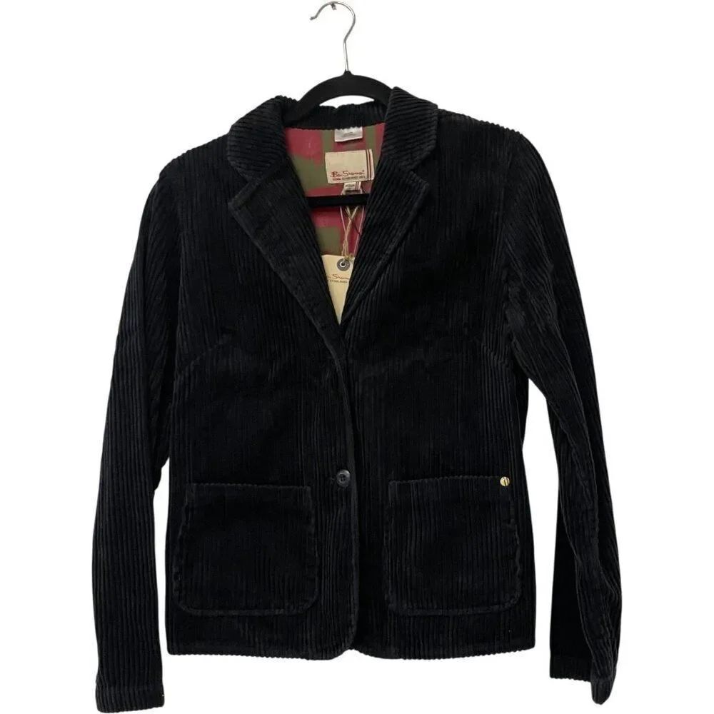 Ben Sherman Womens Corduroy Blazer Jacket Medium M Black Fitted NWT